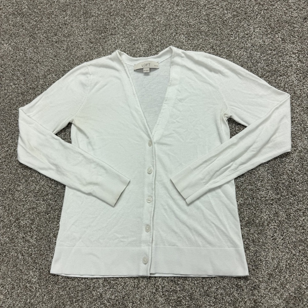 LOFT Cardigan Sweater Womens PXS White V Neck Button Front Lightweight Knit